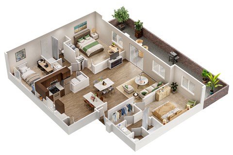 Floor plan for 3 beds, 2 baths, 1244 sqft